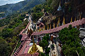 Inle Lake Myanmar. Pindaya, the famous Shwe Oo Min pagoda. A series of covered stairways climb the ridge to the cave entrance.